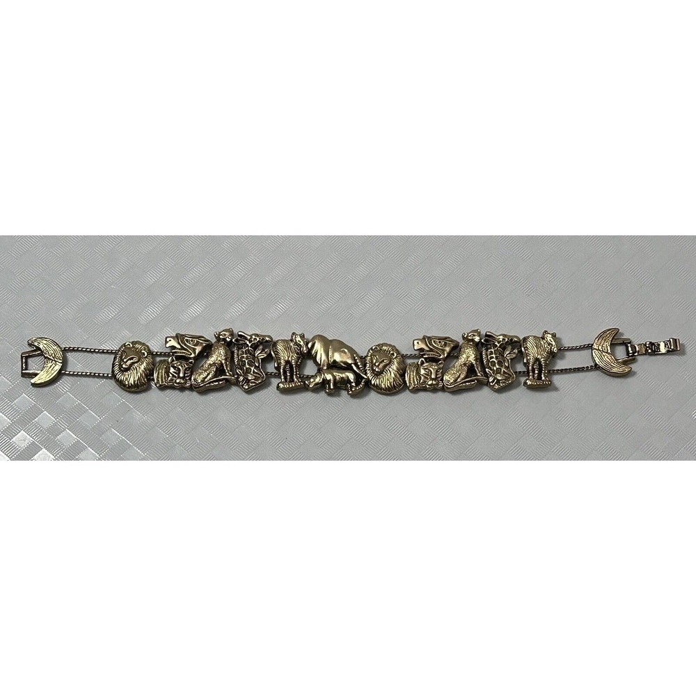 Vintage Slide Safari Animals Charm Bracelet Gold Tone Metal - Picture 2 of 13